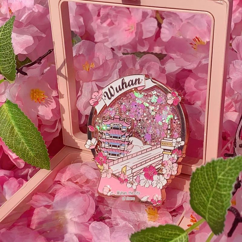 Wuhan Gelber Kran Turm Kirschblüte Metall Kühlschrankmagnet - Kulturelles Tourismus Souvenir Geschenk