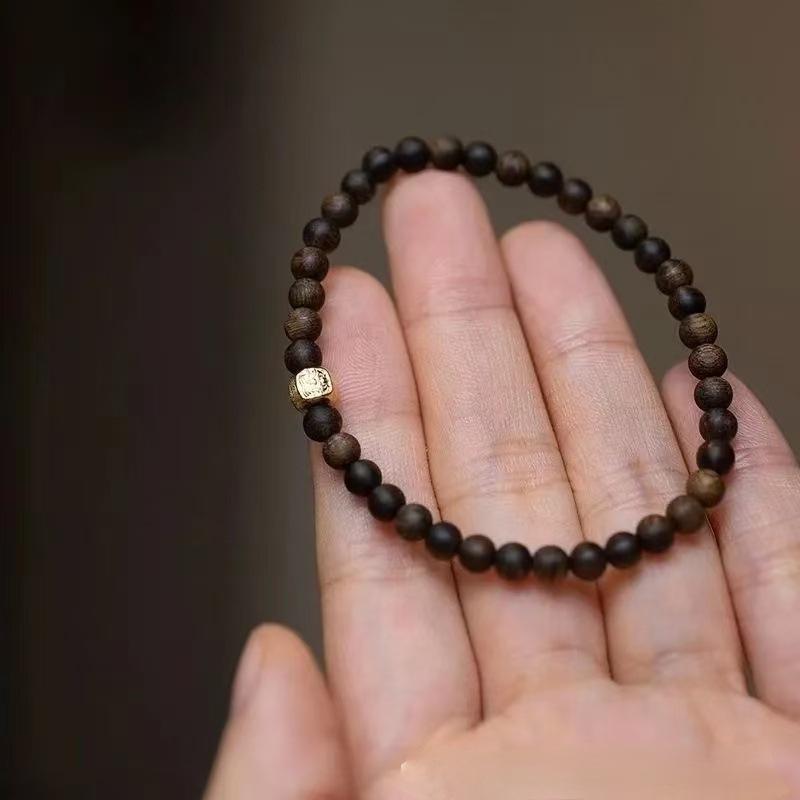 Perline Buddiste di Legno di Agarwood Naturale del Brunei Materiale Vecchio Perline Piccole a Chicco di Riso per Uomo e Donna 4mm + Bracciale Wenwan Originale a Cerchio Singolo per Coppia