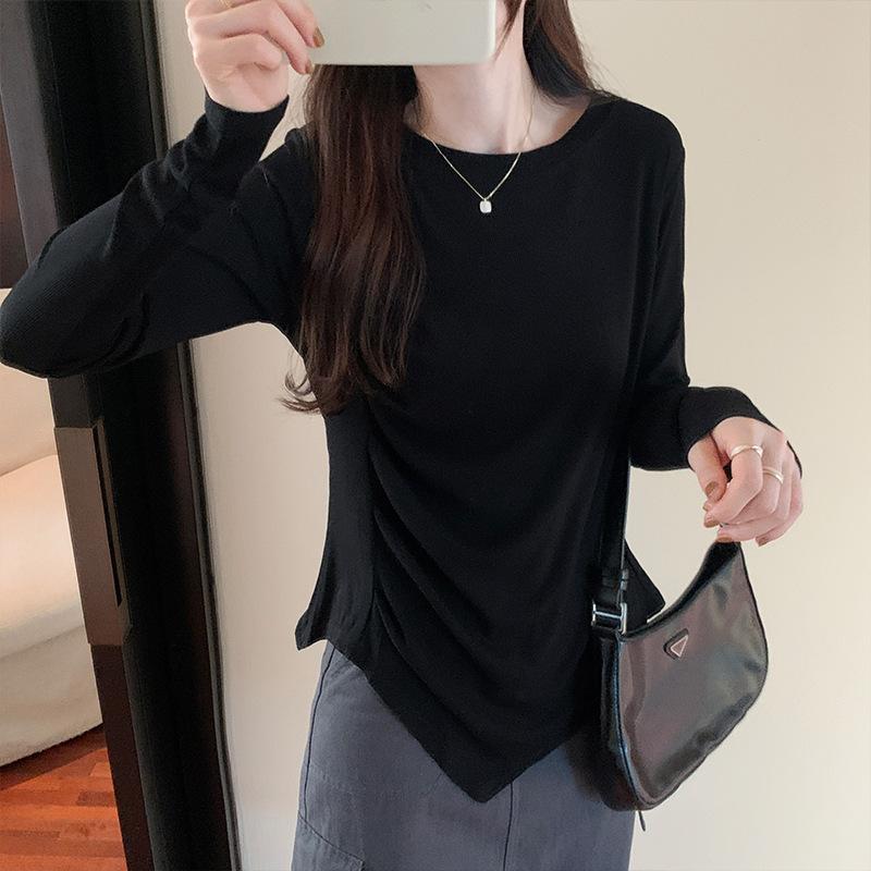 

Однотонная футболка с круглым вырезом и длинным рукавом на правом плече для женщин, осенняя новинка, нерегулярная низ рубашки, дизайн нишевого топа XL