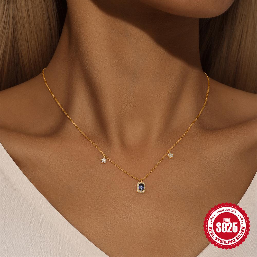 Élégant Simple S925 Argent Sterling Saphir Diamant Ensemble Fleurs Géométriques Empilées Collier Clavicule Polyvalent pour Femme