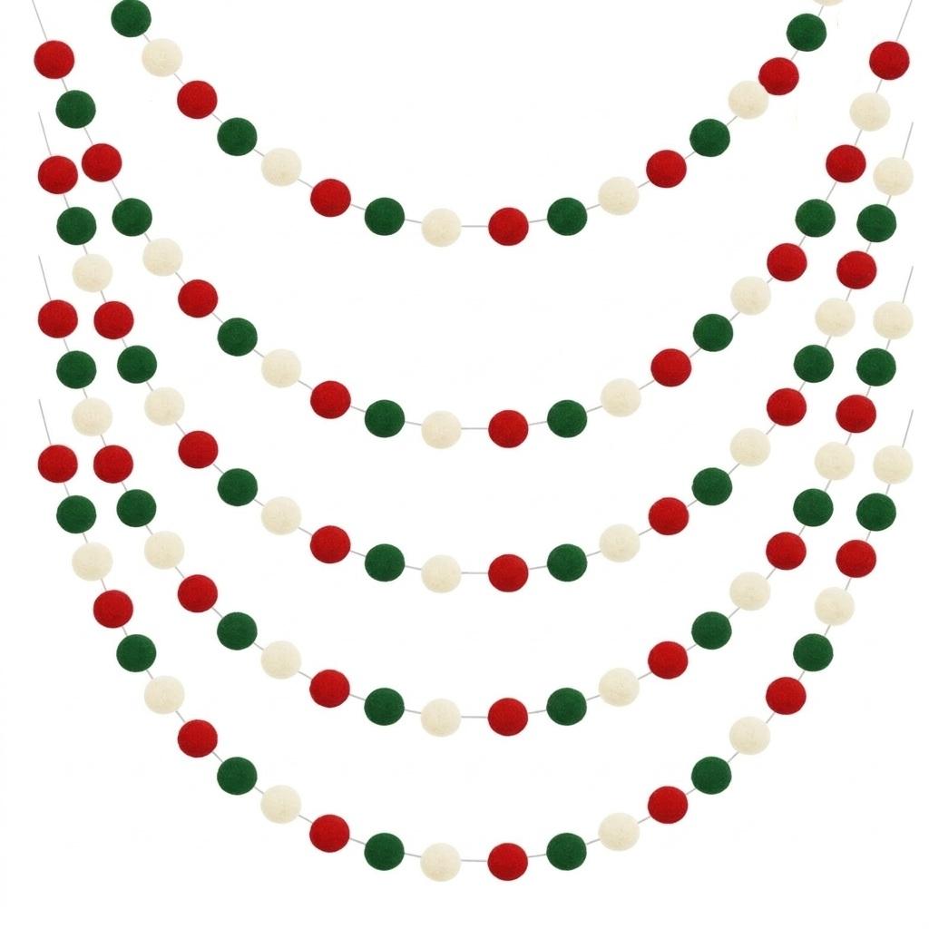 Set of 5 Christmas Felt Pom-Pom Garlands (Red, Green, & Cream) — Perfect for Fireplaces, Walls, and Party Decor
