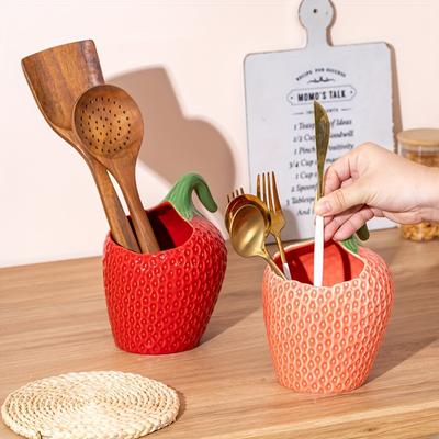 Ceramic Strawberry with Handle, Kitchen Tool Storage Cylinder for Chopsticks, Spatula, Multi Purpose Storage Jar, Flower Vase Decoration Bucket.