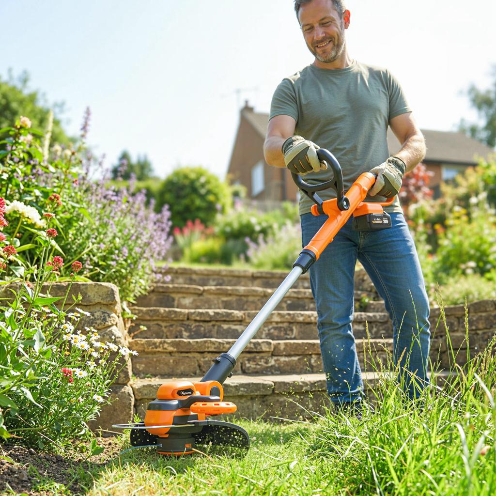 Cordless Lawn Trimmer 21V with 2x4.0Ah Batteries, 25 cm Cutting Width