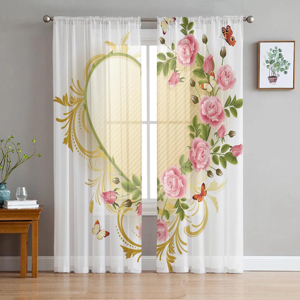 Colorful Rose Flower Tulle Curtains for Living Room Print Sheer Voile Curtain Bedroom Window Screening Drapes Blinds Home Decor