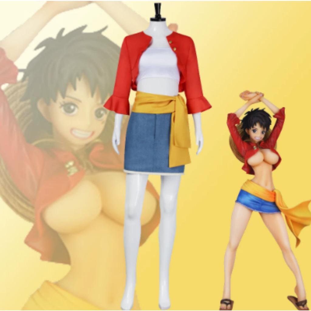 One Piece Onigashima Monkey D Luffy Cosplay Kostüm, Schwarzer Umhang Rote Weste Gelbe Hose mit Strohhut, Anime Halloween Rollenspiel Outfit für Erwachsene Kinder