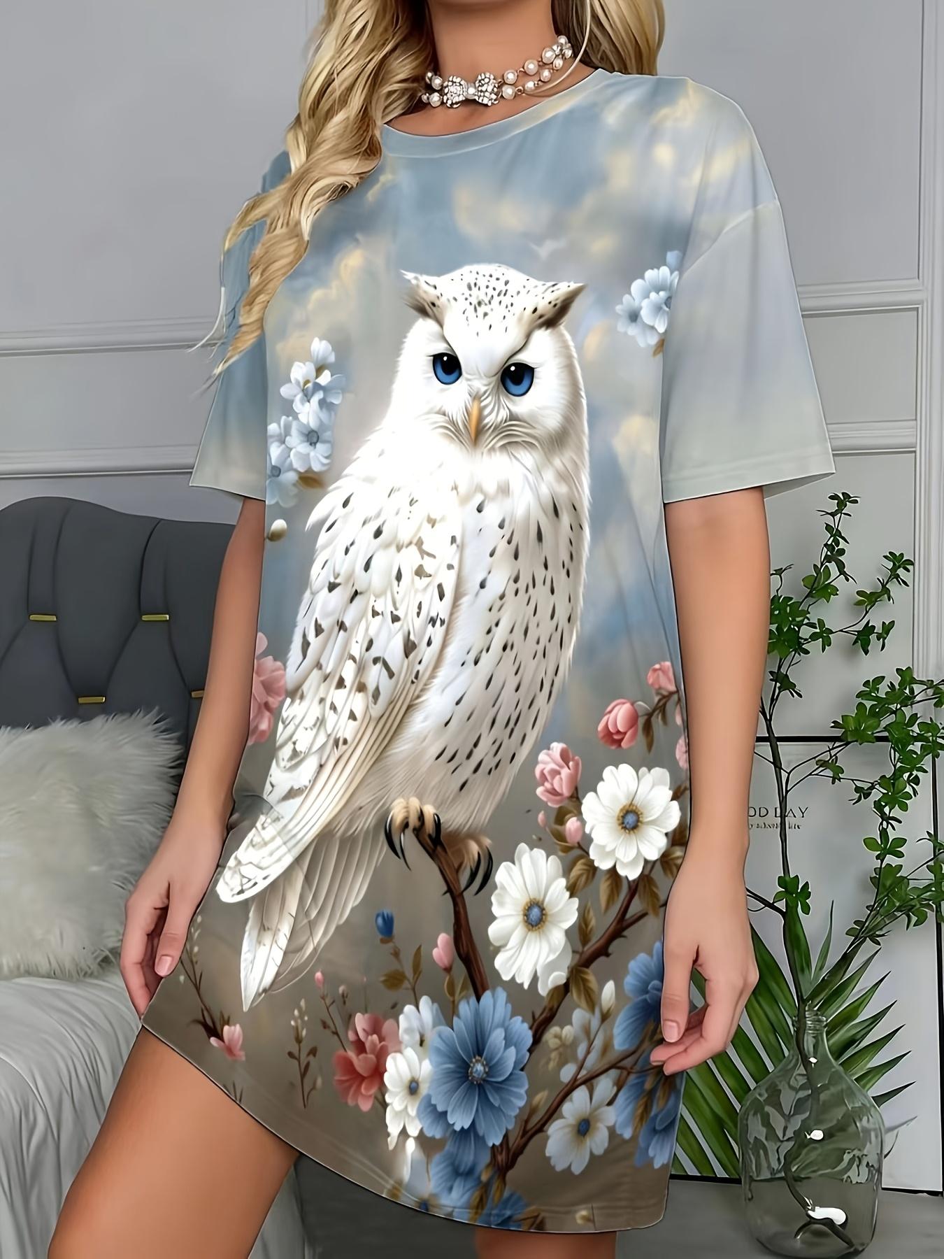 

Gradient Blue Background Forest-Themed Owl Floral Long T-Shirt Dress. a Cool Summer Dress for Women 2XL дубильна кора
