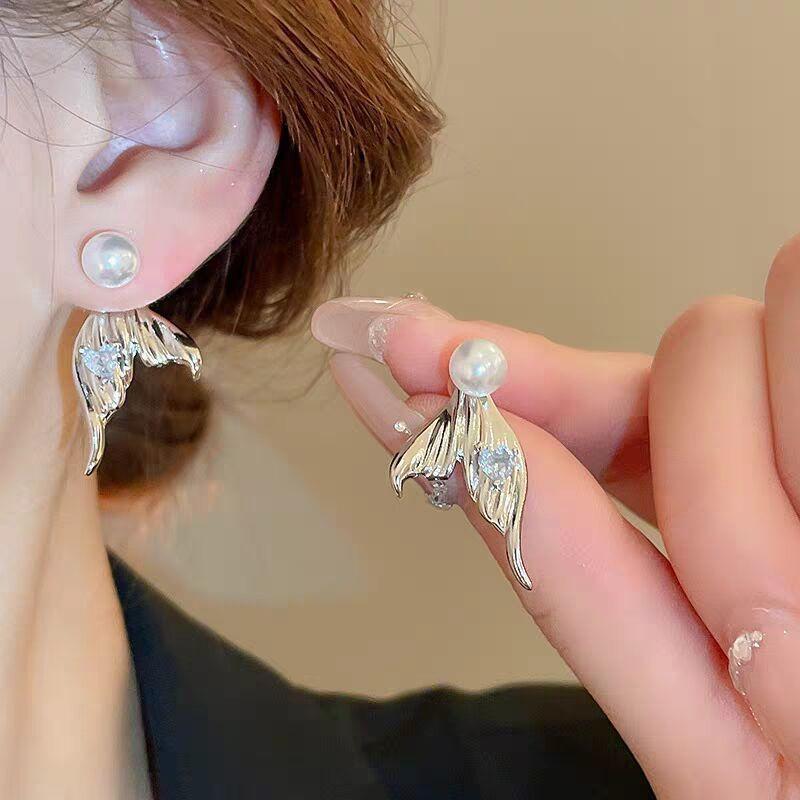 Boucle d'oreille clou Tendance Queue de Poisson Cœur Cristal Perle d'Imitation pour Femmes Tempérament Mignon Géométrie Bijou Cadeau