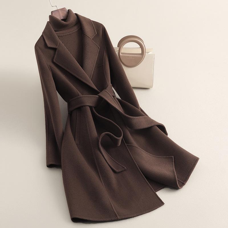 Γυναικείο Ανοιξιάτικο Υψηλής Ποιότητας Μεσάτο Μάλλινο Παλτό - Διπλής Όψης, Χωρίς Κασμίρ, Σχέδιο που Σμιλεύει τη Μέση