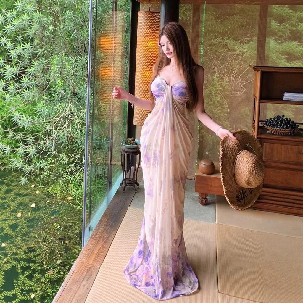 French retro floral suspender dress seaside vacation beautiful design sense niche waist and thin temperament long dress