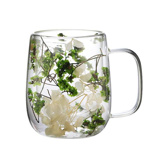 Double-Wall Dried Flower Glass Mug with Handle 350ml Borosilicate Glass Coffee Cup for Hot Cold Drinks Heat-Resistant Clear Unique Gift for