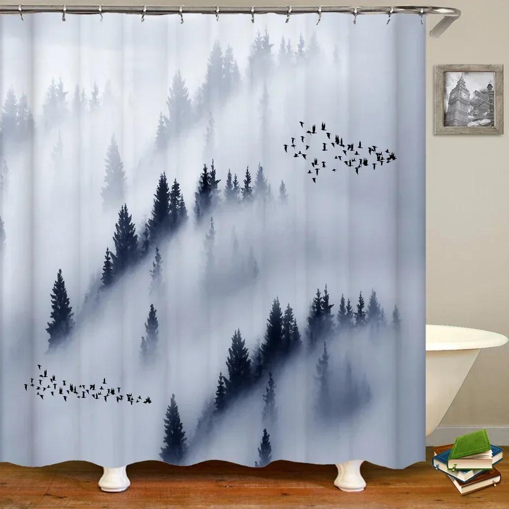 Winter Forest Shower Curtains Snow-Covered Pine Alpine Peaks Idyllic Early Morning Scenery Seasonal Christmas Elk Bathroom Decor