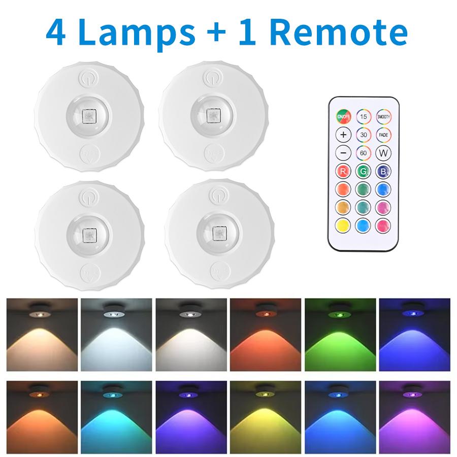 1-4 Pack RGB Led Night Light with Remote Control Rechargeable Under Cabinet Light Spotlight for Display Closet Wireless Dimmabl