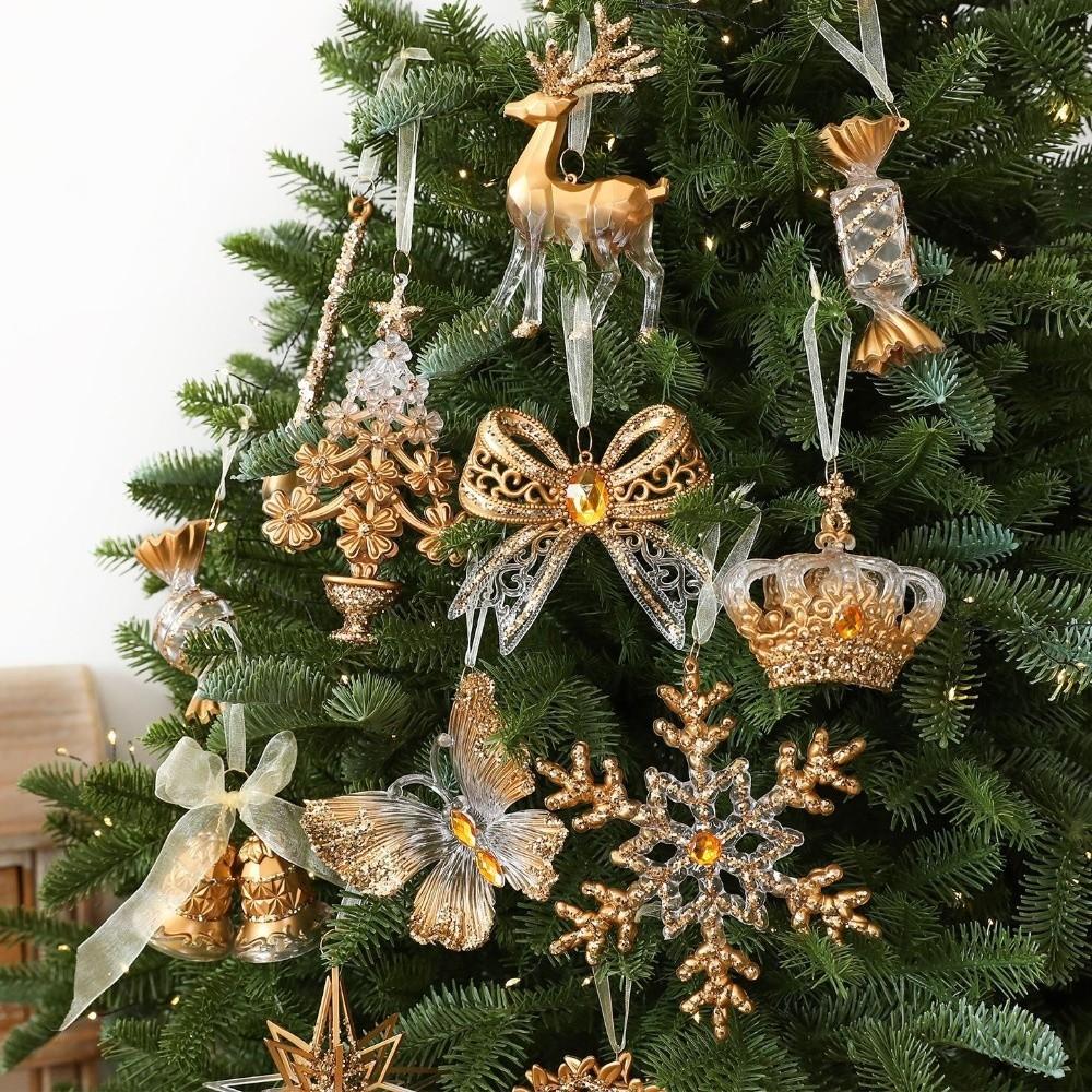 Golden Translucent Christmas Snowflake Pendant Crystal Prism Wreath Elk Deer Ornaments Home