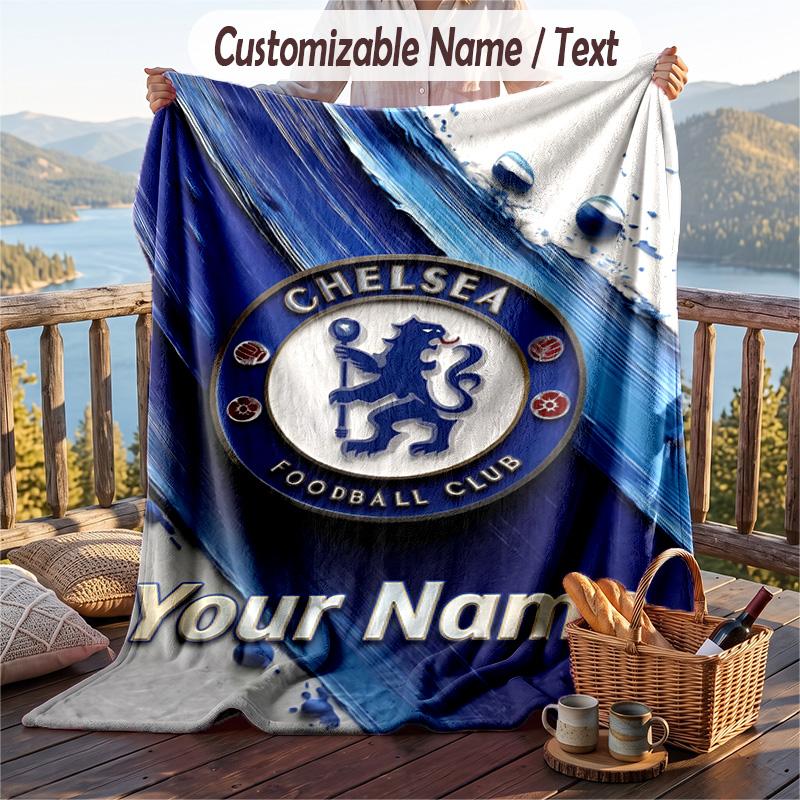 Flannel Blanket Chelsea FC Print Custom Name Text Soft Throw for Sofa Bed