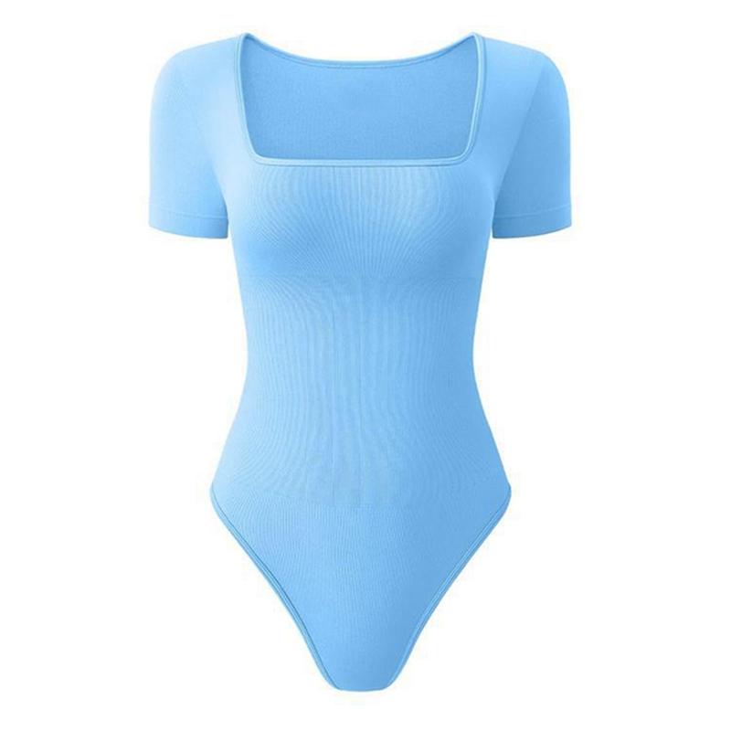 Women's Square Neck Bodysuit Ribbed Short Sleeve Sports Yoga Shapewear