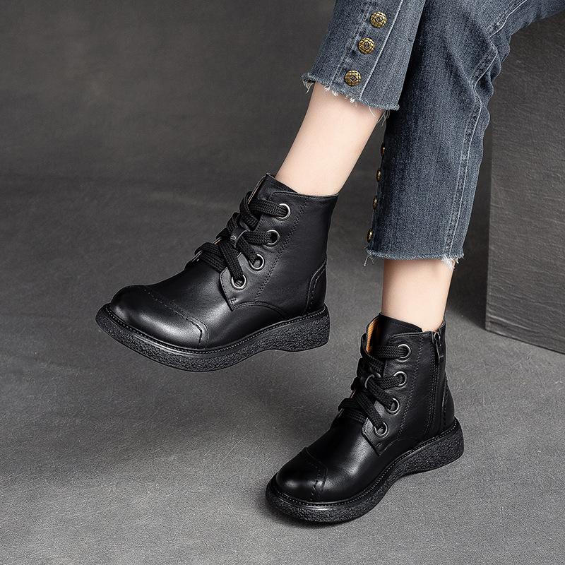 Fashion GKTINOO Genuine Leather Women Short Boots 2025 New Winter Round Toe Ziper Solid Color Handmade Retro Ankle Boots