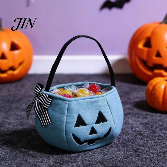 Embroidered Candy Holder Halloween Pumpkin Bag for Kids, Trick or Treat Tote Large with Handle, Reusable Snack Bucket Party Favors Festive Decoration