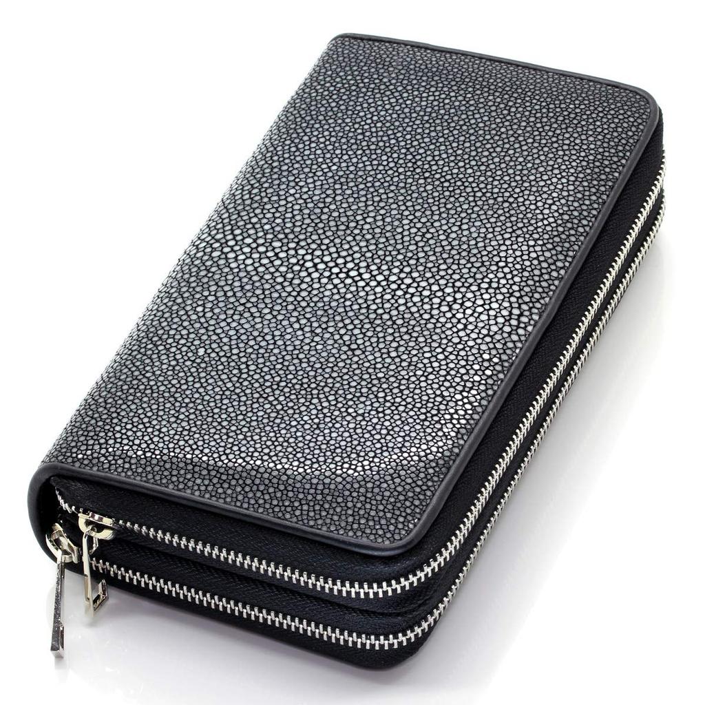 [Revetta] Stingray Leather Long Wallet, Large Capacity, 40 Card Slots, Double Zipper Closure, Silver, Galuchat, Stingray, Black, Men's, Genuine