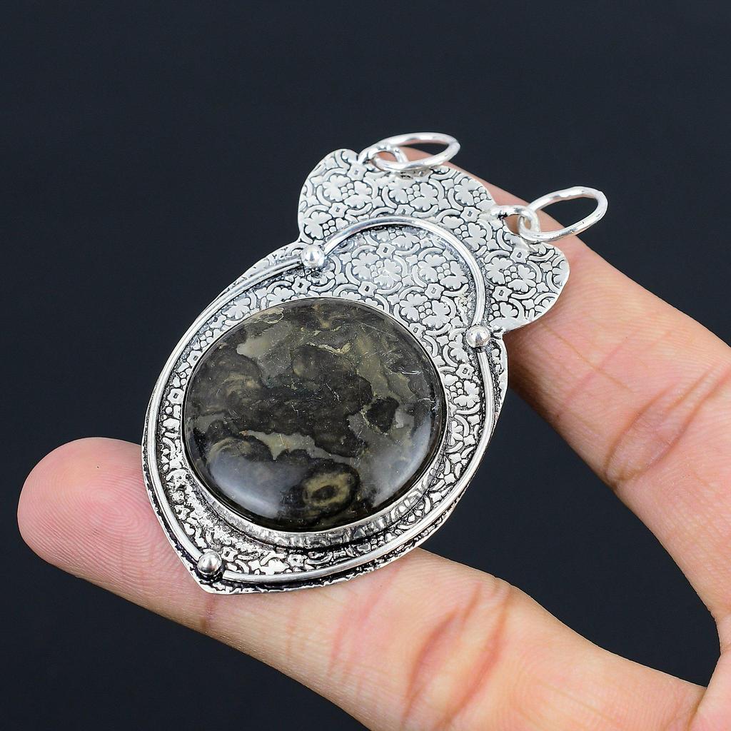 Daughters Day Sale 925 Sterling Silver Round Natural Gabbro Jasper Boho Pendant