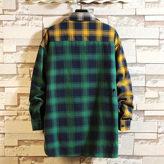 Men Spring Shirt Colorblock Plaid Print Single-breasted Loose Long Sleeve Lapel Buttons Streetwear Casual Cardigan Shirt Coat