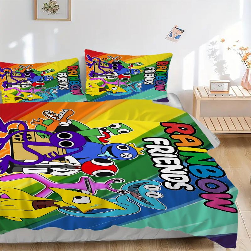 Colorful Rainbow Friends Characters Print 3Pcs Bedding Set,Duvet Cover with 2 Bedro,Pillowcase Home Birthday Gift