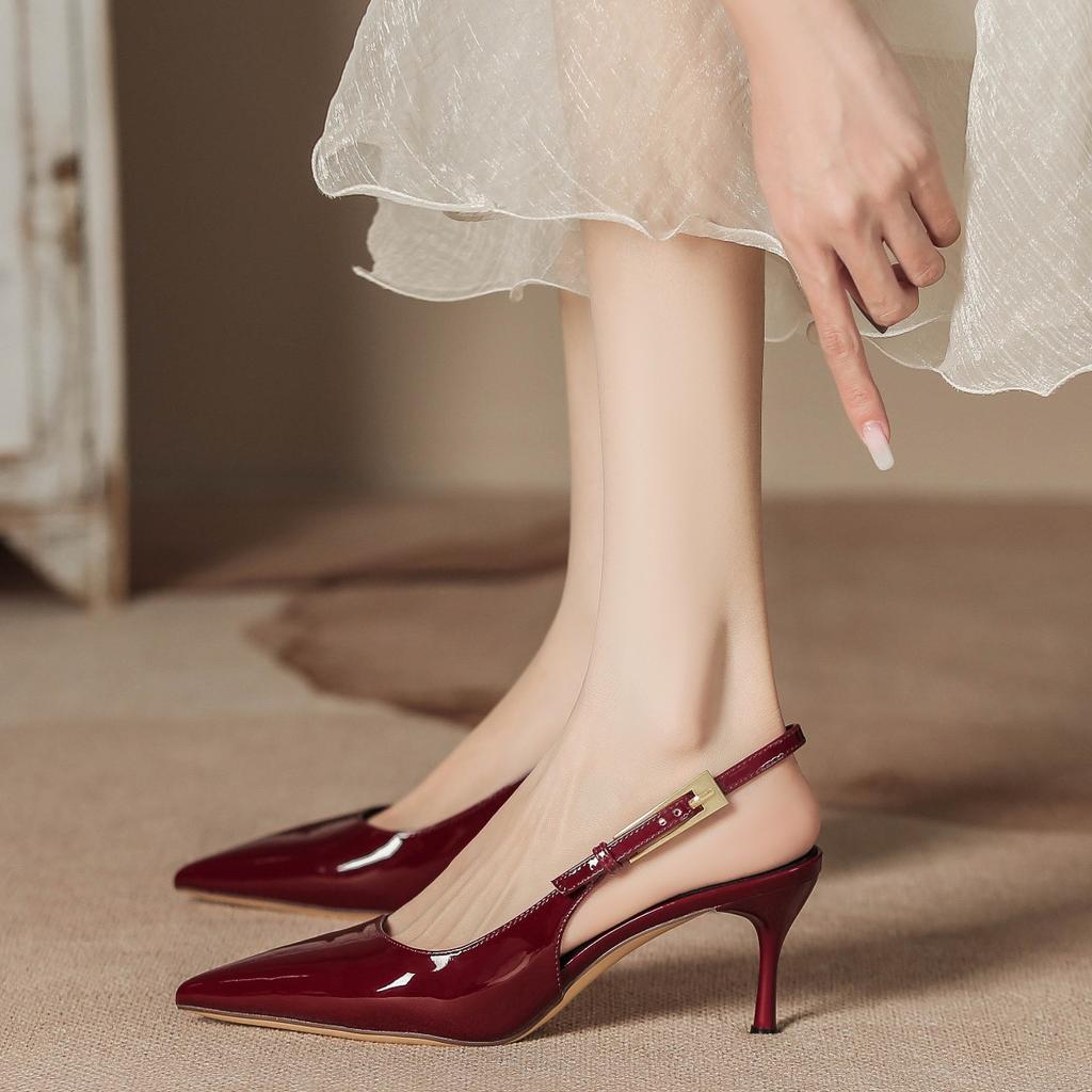 2026New Women's High Heels Metal Thin Heel Pointed Toe Sandals Sexy Patent Leather Slingback Sandals High Heel Dress Pumps Shoes