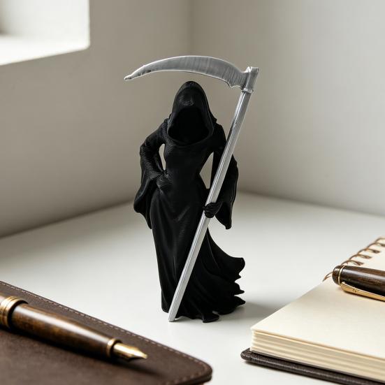 Gothic Female Grim Reaper Statue with Sickle 3D Printed Black Robe Queen Figurine Mysterious Sculpture for Home Office Desk Bookshelf Decor