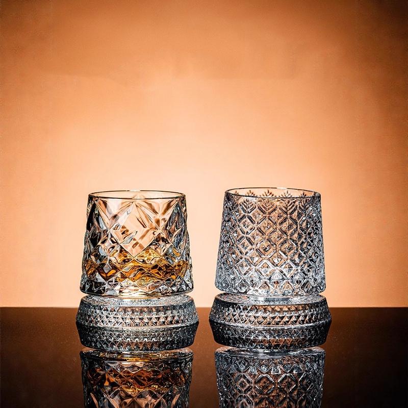 Whiskey Glasses Rotatable Tumbler Crystal Glass Cups Drinking Glasses with Creative Coasters for Scotch,Bourbon,Cocktails