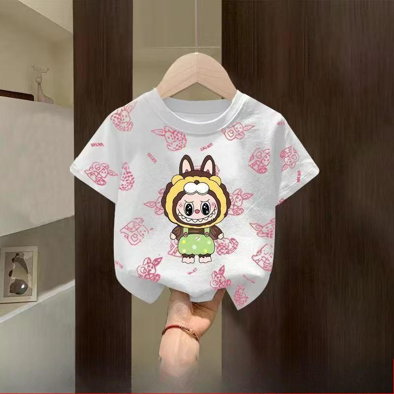 

Children s LabubuPattern Short-sleeved T-shirt, Summer Girls Casual Pure Cotton Round-neck Top 80