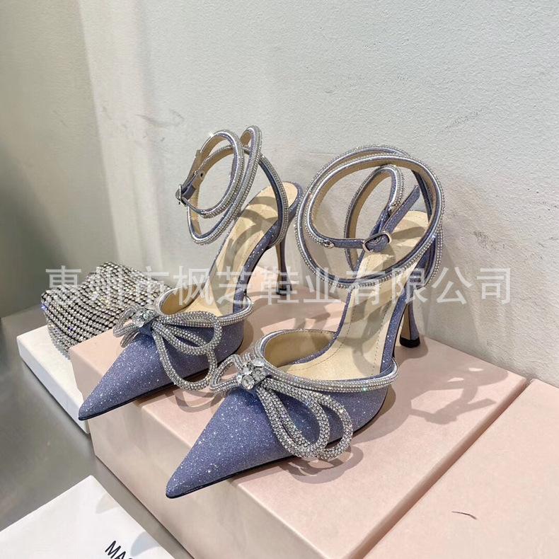 European and American high heels 2025 new bow women's shoes rhinestone pointed single shoes straps thin heel super high heel