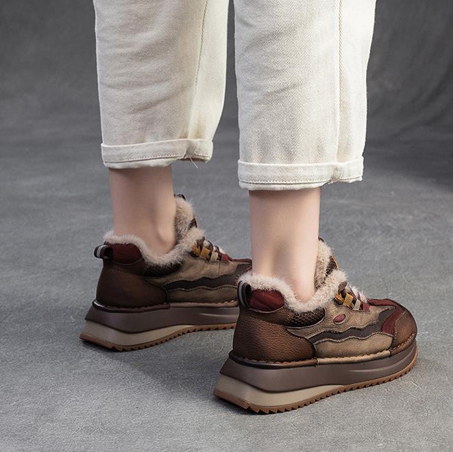 Fashion Genuine Leather Women Boots Lady Platform Flats Plush Warm Causal Autumn Winter Fashion Thick Bottom Sneakers Shoes