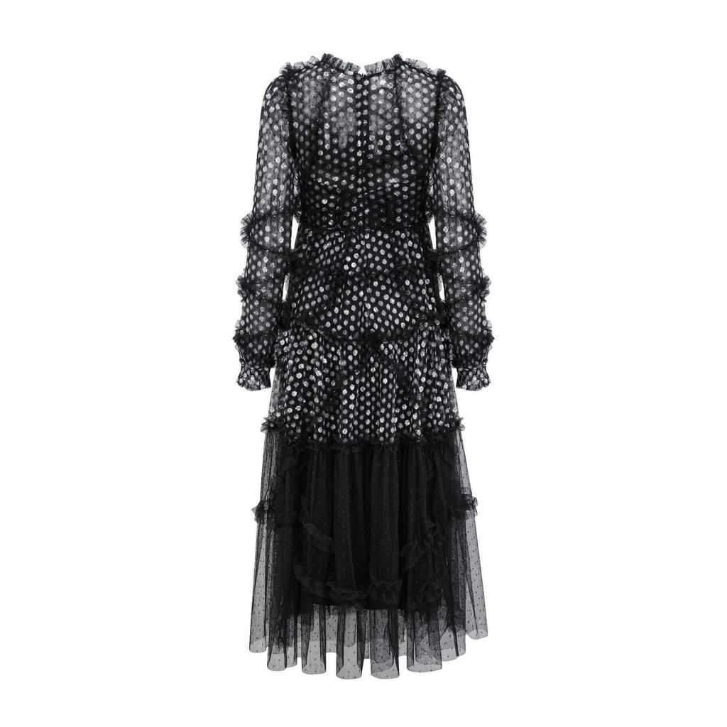 Elegant Mesh Embroidered Sequined High-Waist Long Sleeve Long A-skirt Daily Travel Dress