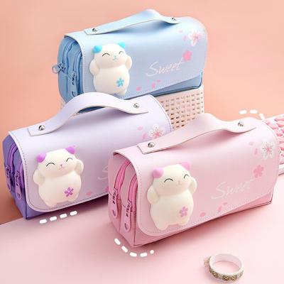 Three Layer Large Capacity Decompression Canvas Portable Simple  Cute Cartoon Pencil Case For Primary Secondary School Students