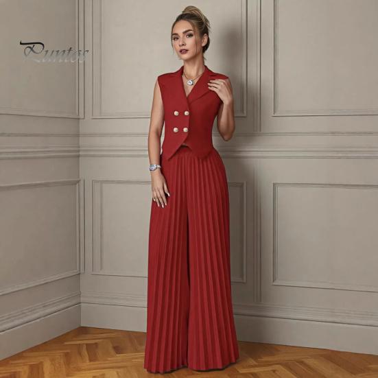 Comfortable Spring Suit Women's 2 Piece Vest Sets Sleeveless Button Crop Blazer Women Set And Wide Leg Pleated Pants Casual Business Outfits Everyday