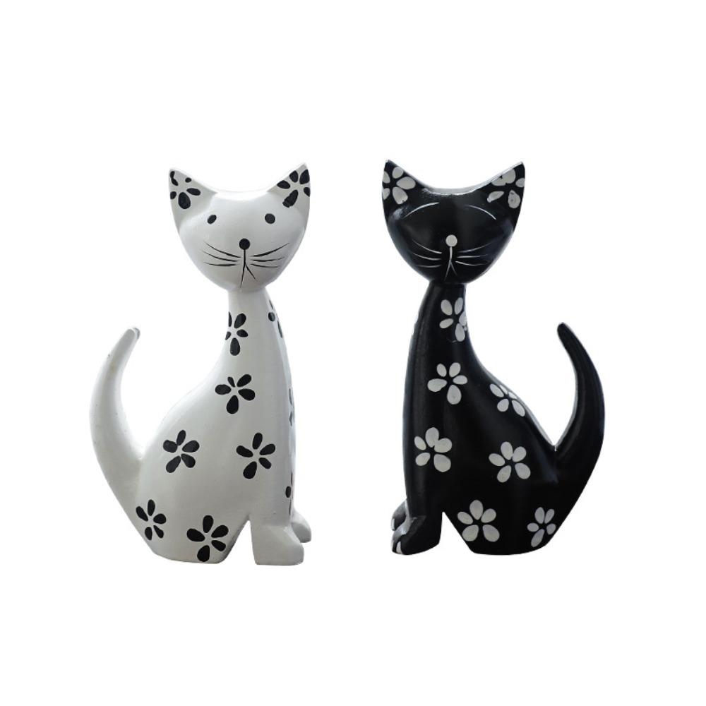 2pcs Modern Cat Statue Wooden Miniatures Figurine Desktop Ornament Animal Sculpture  Car