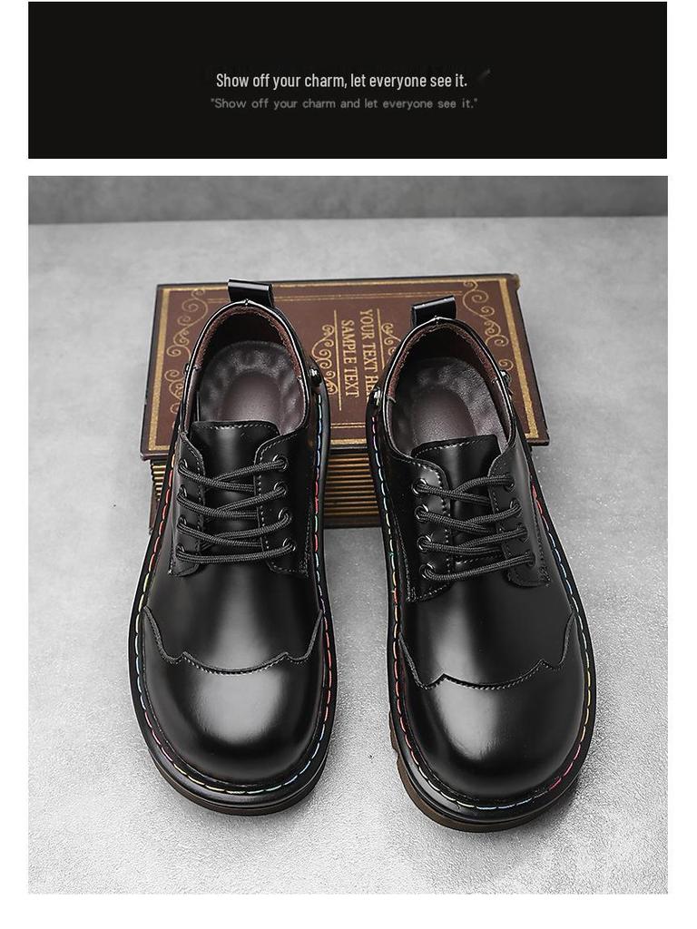 Herren Retro Leder Derby Schuhe - Runde Zehenpartie, Dicke Sohle, Höhenverstärkung, Große Größe, Low-Top Martin Stil.