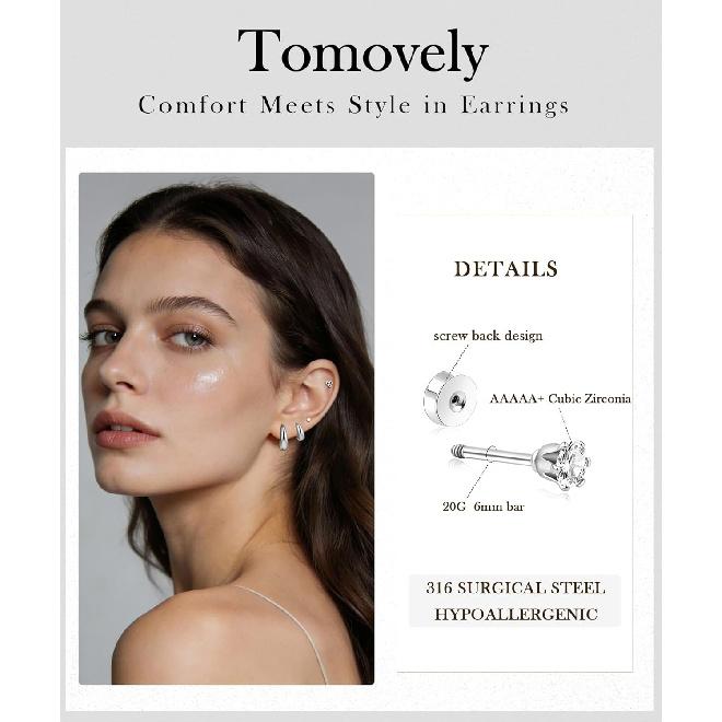 Flat Back Stud Earrings for Women Cartilage Helix Stainless Steel Earring Set for Sensitive Ears Piercing Tragus