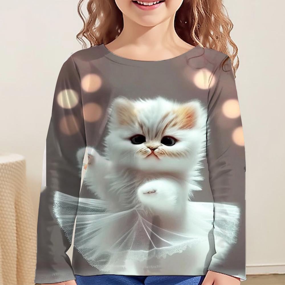 

Детская одежда Футболки с рисунком кота для девочек 3D Детская одежда для девочек с круглым вырезом Одежда для девочек-подростков Модная детская футболка 110