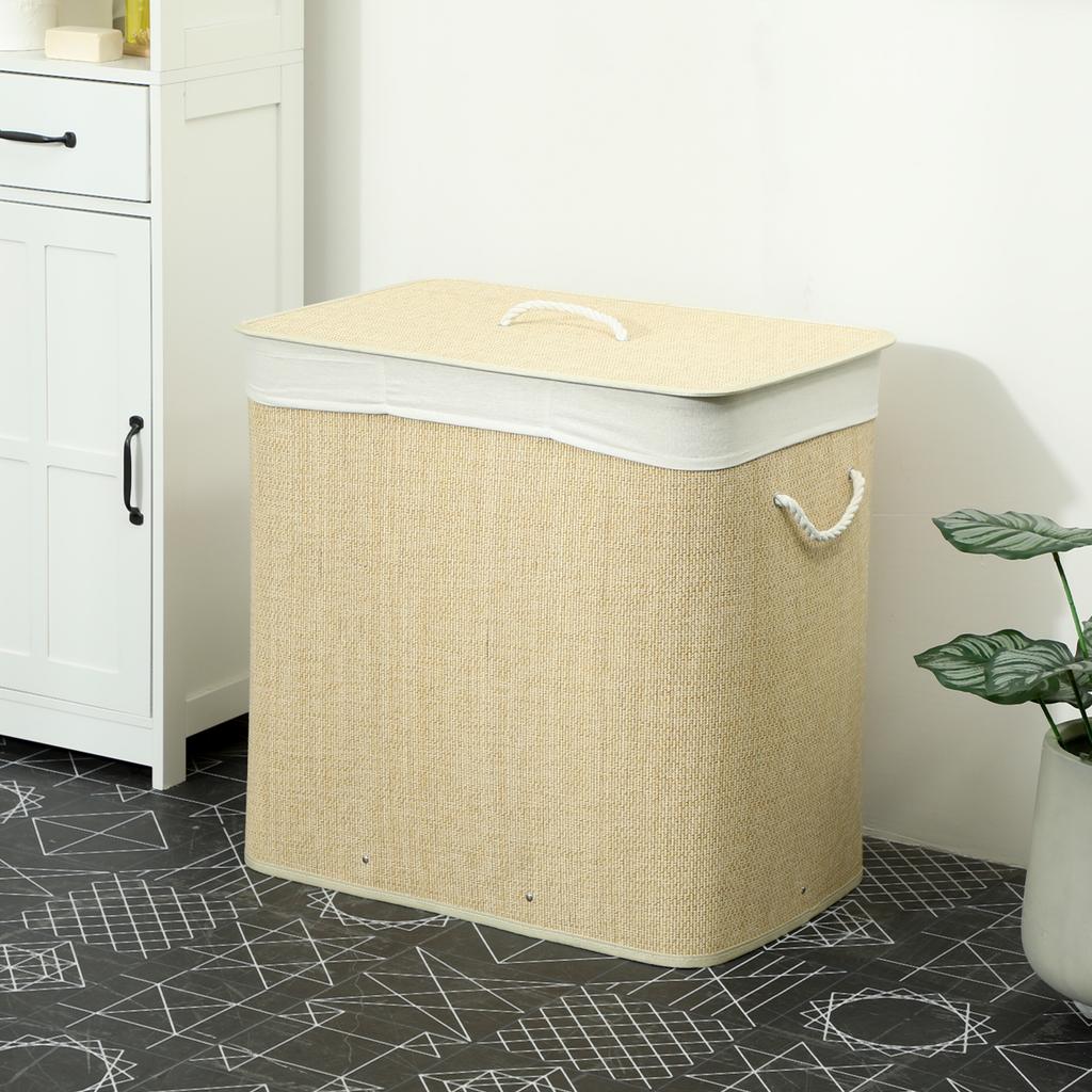 3 Section Laundry Basket with Lid, 144L Bamboo Laundry Hamper with Handles, Removable and Washable Liner, Cream White