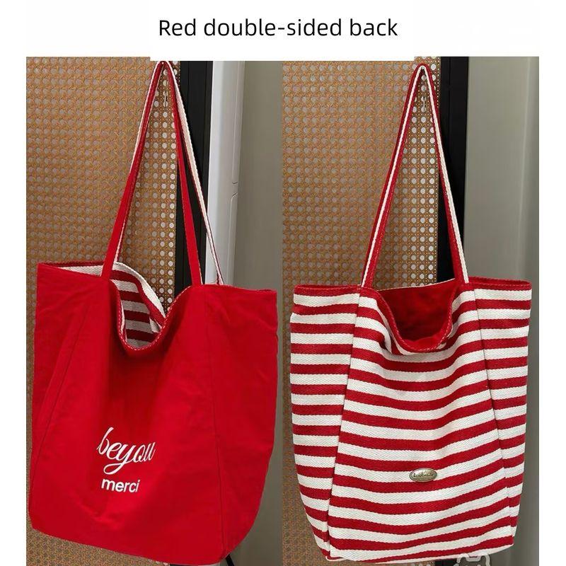 

Women s Bag 2025 New Arrival Stripes Double Bread Canvas Bag Korean Idle Style Tote Bag Red Large Capacity Shoulder Bag Red Stripes double-sided backpack