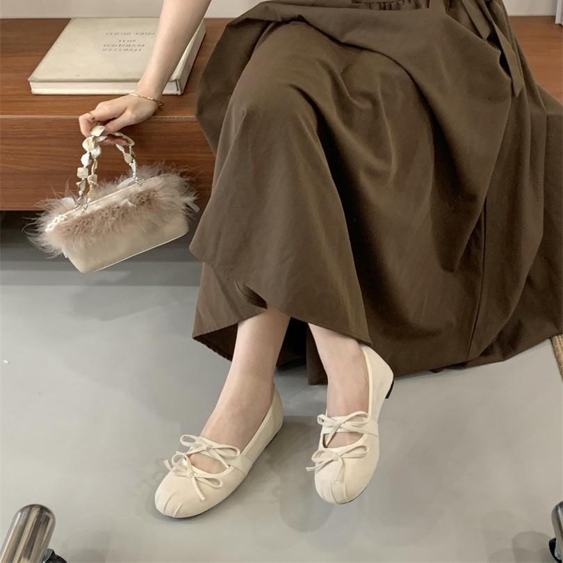 Round head bow flat ballet shoes women's 2025 new gentle French Mary Jane shoes evening wind light mouth single shoes