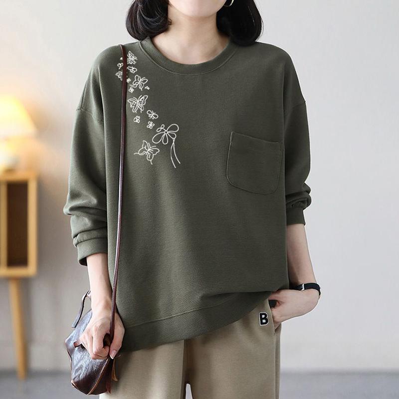 Sweatshirt für Damen Baumwolle Locker Oversized Verdickt Bequem Rundhals Lässiges Pullover-Top Sweatshirt