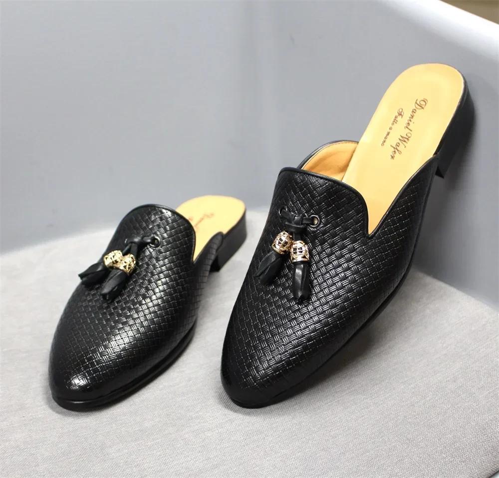 Fashion Men's Luxury Genuine Leather Mules Brown Blue Black - Fashionable Flat Casual Moccasins for Men