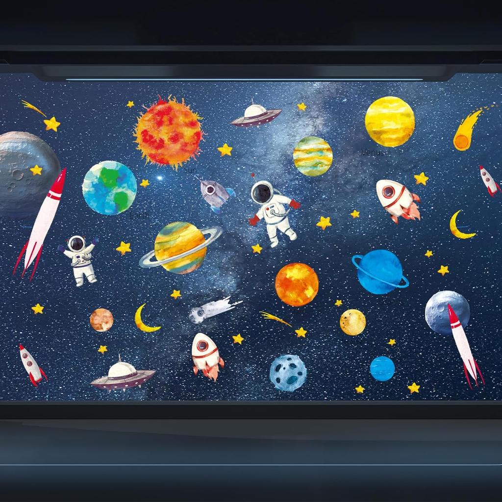 Whaline 6 Sheet Outer Space Window Clings Space Astronaut Spacecraft Rockets Solar System Window Stickers Out of Window Decals for Bedroom Nursery