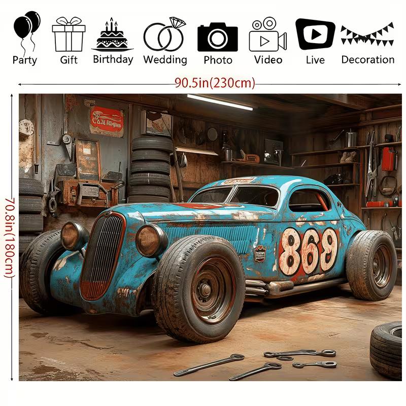 Tapisserie Voiture de Course Rouillée Vintage Hot Rod Garage Man Cave Art Mural