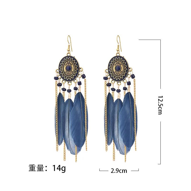 Ethnic Colorful Feather Tassel Earrings For Women Long Chain Beads Drop Dangling Earrings Girls Vintage Jewelry Accessories