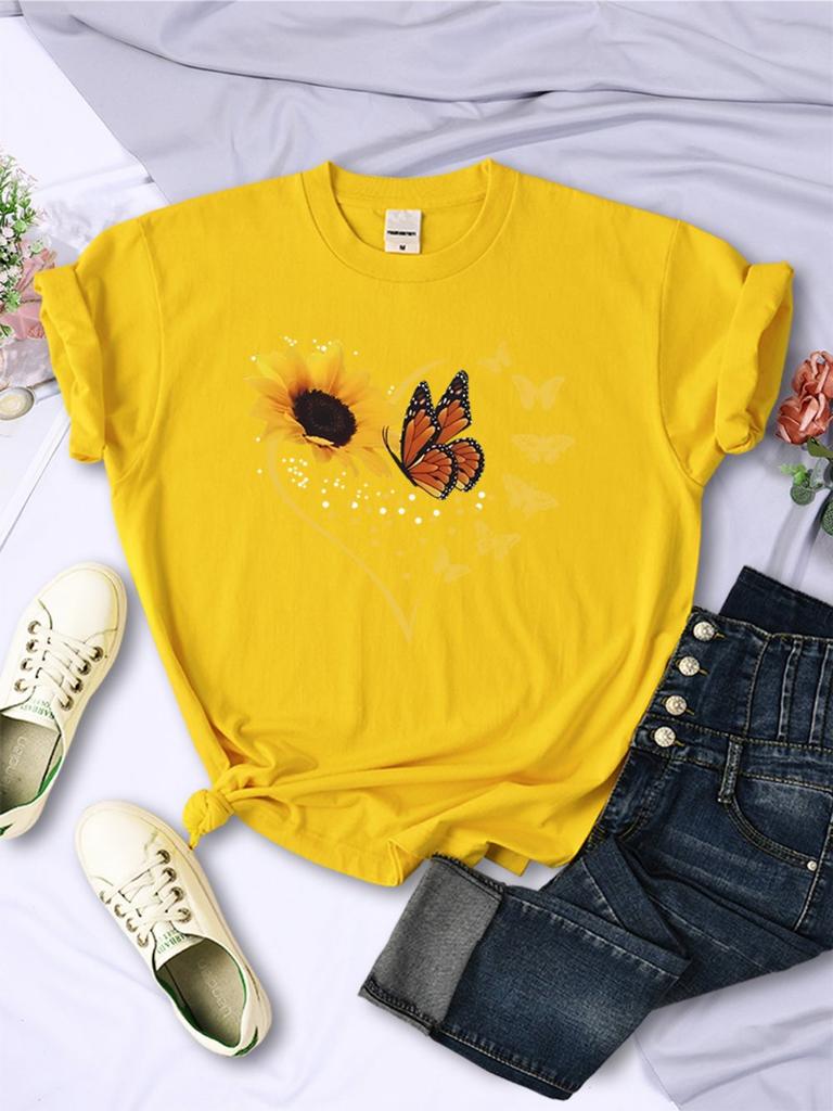 Einfache Damen T-Shirts Sonnenblumen Schmetterlinge Herz-Aufdrucke Kurzarm Bequem Weich O-Ausschnitt Oberteile Sommer Lässig Damenkleidung