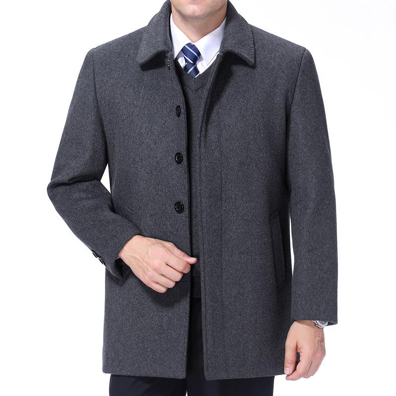 Men's Mid-Length Cashmere Coat: Dad Style, Lapel, Loose Fit, Plus Velvet Woolen, Warm for Autumn/Winter