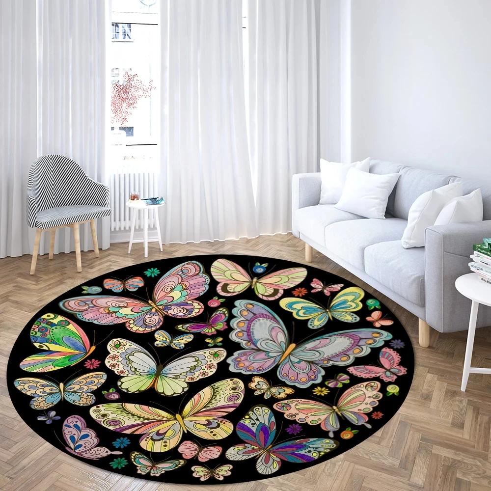 Boho Mushroom Butterfly Round Rug Cartoon Mushrooms Carpet for Living Room Office Bathroom Decor Kawaii Fungus Indoor Floor Mat