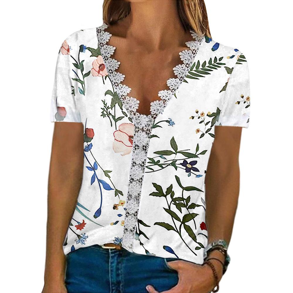 Summer Women's Short Sleeve Tees Elegant Lace V-neck Print Casual Comfortable T-Shirt Female